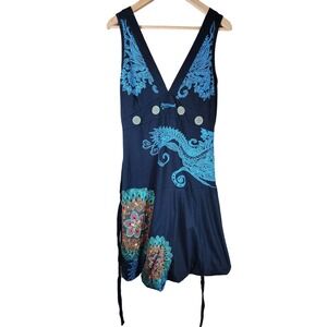 DESIGUAL Blue Floral Embroidery Bling Bubble Hem Designer Mini Dress SZ XL